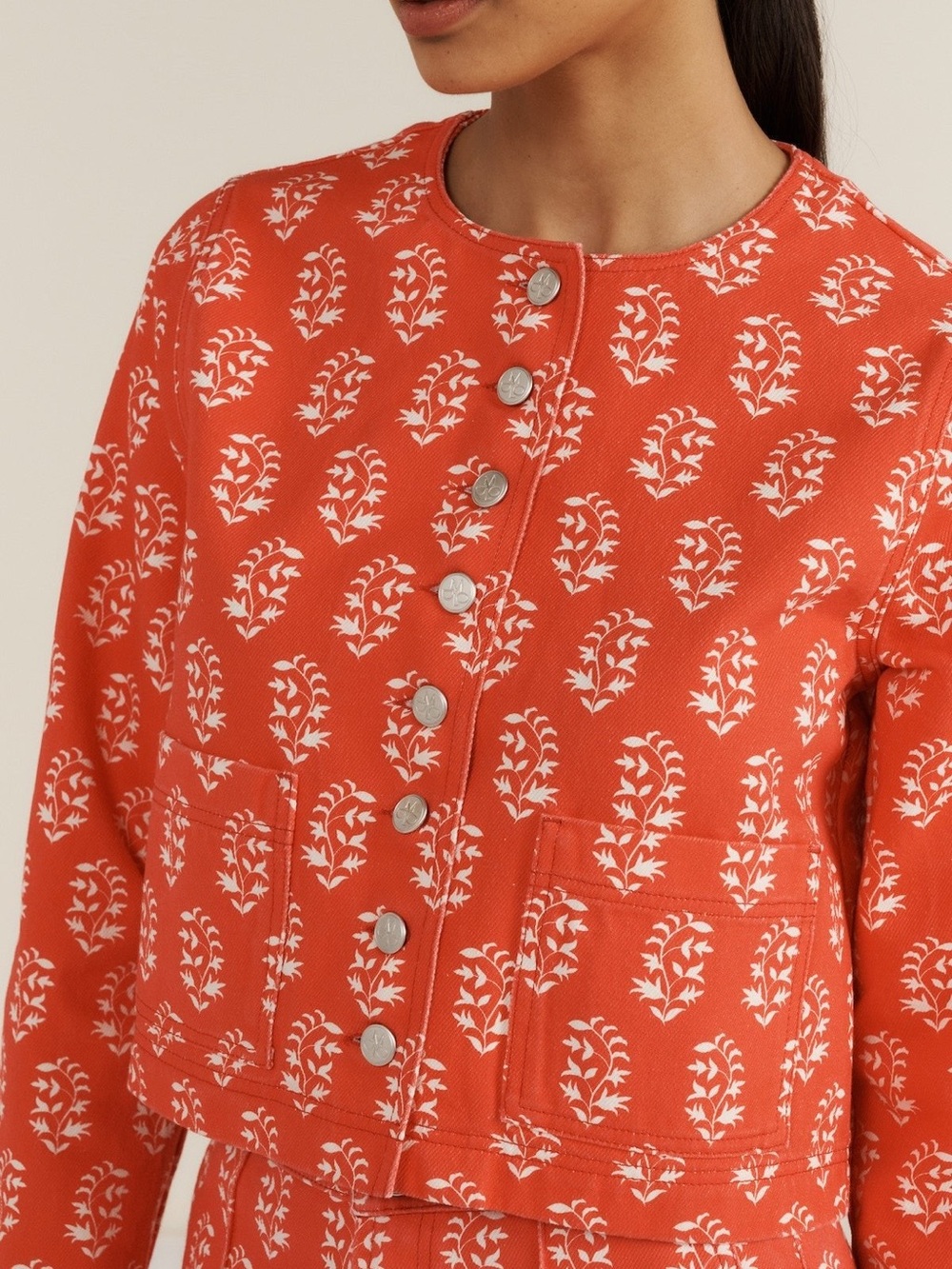 Womens Red Printed Button-Front Jacket